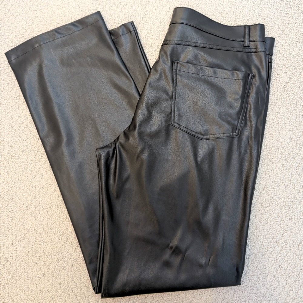 Zara Women's XXL Black Faux Leather Straight Leg High Waist Pants With Stretch